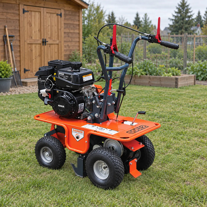 Coupe-gazon autotracté de 12 po avec moteur Kohler de 7 HP, deux vitesses de déplacement et profondeur de coupe réglable, râteau motorisé de 20 po, TMG-GSC12