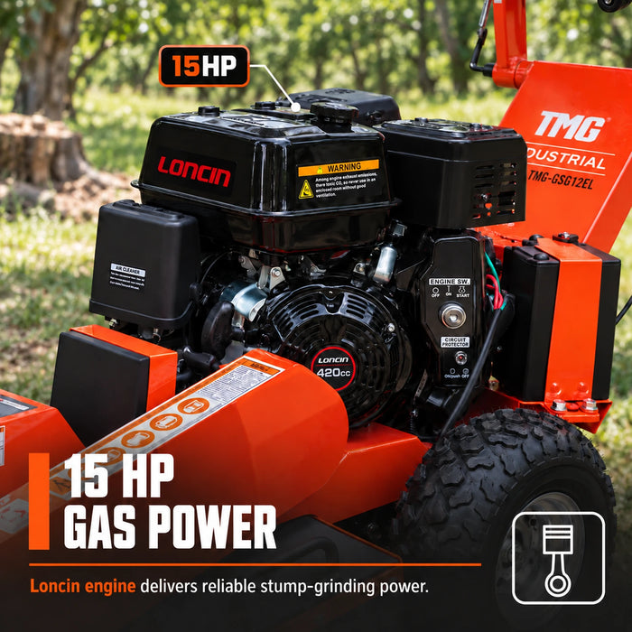 Walk Behind Gas Powered Stump Grinder, ATV/UTV Tow Bar, 12 Carbide Teeth, 24" Cutting Capacity, 15 HP Gasoline Engine, TMG-GSG12EL