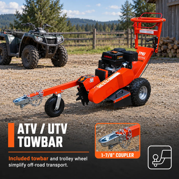 Walk Behind Gas Powered Stump Grinder, ATV/UTV Tow Bar, 12 Carbide Teeth, 24" Cutting Capacity, 15 HP Gasoline Engine, TMG-GSG12EL