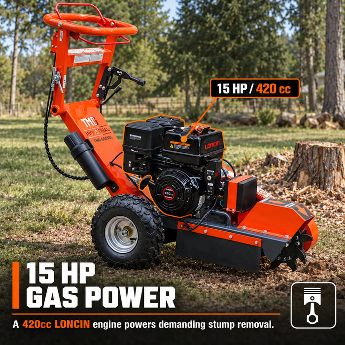 Walk Behind Gas Powered Stump Grinder, 9 Carbide Teeth, 24" Cutting Capacity, 15 HP Gasoline Engine, TMG-GSG9EL