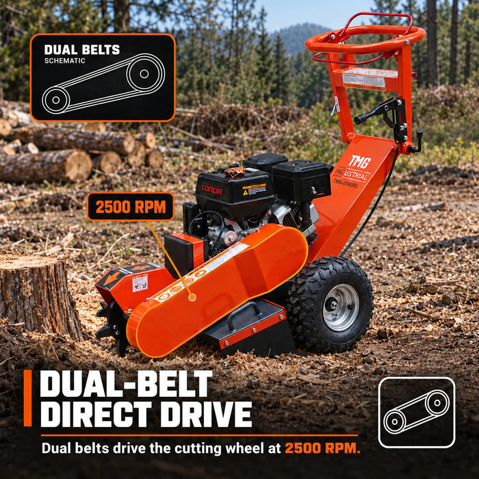 Walk Behind Gas Powered Stump Grinder, 9 Carbide Teeth, 24" Cutting Capacity, 15 HP Gasoline Engine, TMG-GSG9EL