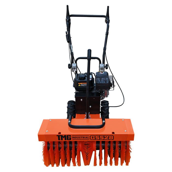 Balai brosse balayeuse de 28 po, moteur à essence de 196 cc 6,5 HP, brosse en nylon, 3 directions de balayage, guidon pliable, TMG-GSS28