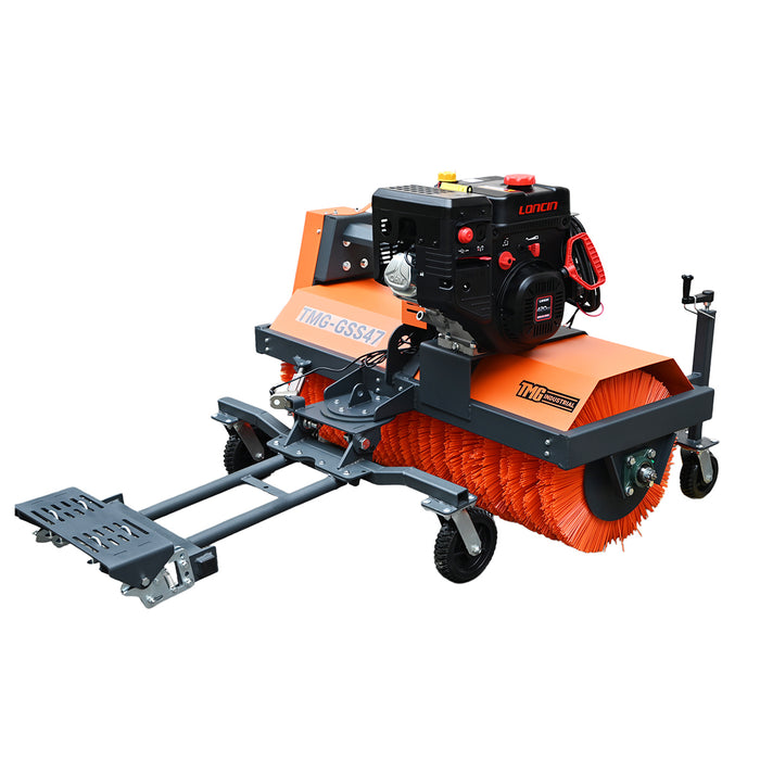 Rear angled view of the TMG-GSS47 gas snow sweeper showing the engine, orange rotary broom, caster wheels and extended ATV/UTV mounting frame.