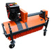 Elevated front view of the TMG-GSS47 snow sweeper showing the orange broom bristles, protective hood, gas engine and two adjustable caster wheels.