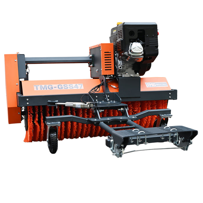 Rear view of the TMG-GSS47 snow sweeper showing the broom angle actuator, mounting plate, caster wheel and gas engine.
