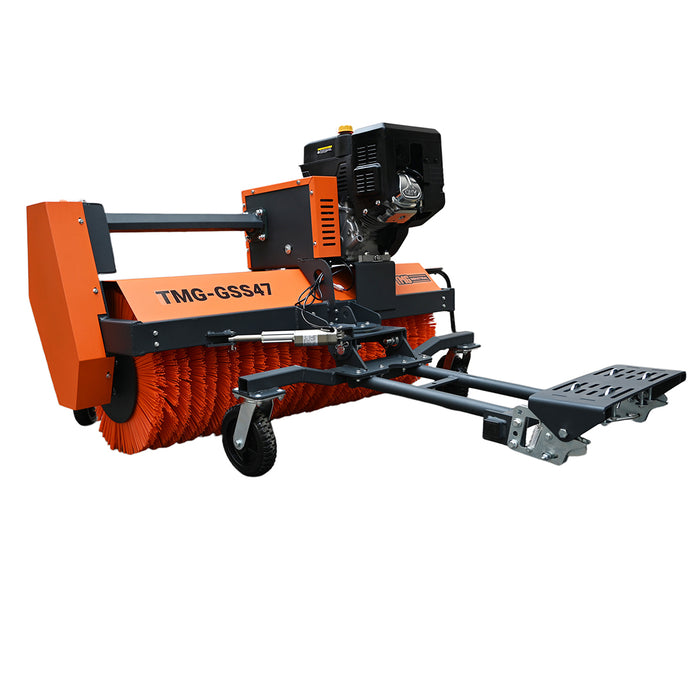 Opposite rear angled view of the TMG-GSS47 snow sweeper showing the rotary broom, side drive cover, angle actuator and extended mounting arms.