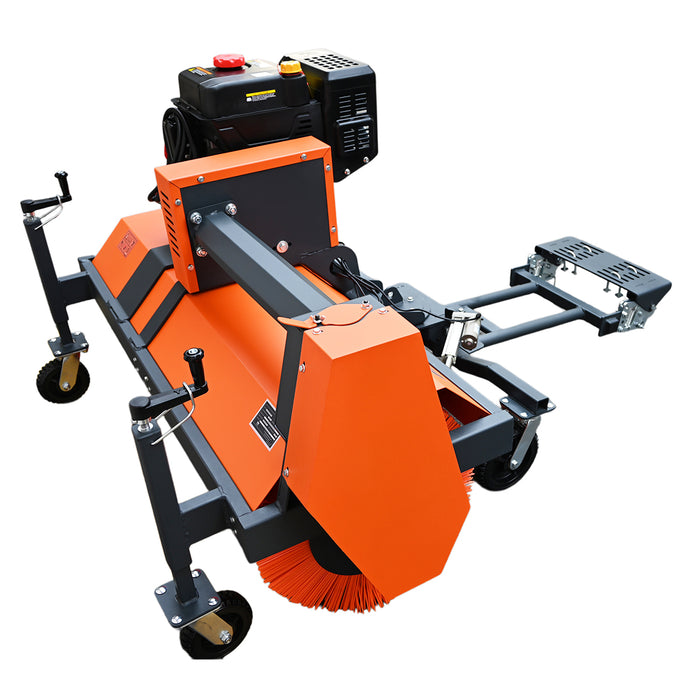 Elevated side view of the TMG-GSS47 snow sweeper showing the orange drive cover, engine, support frame and caster wheel adjustment handles.
