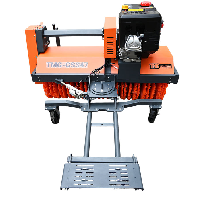 Straight rear view of the TMG-GSS47 snow sweeper showing the extended mounting plate, central pivot, angle actuator and engine above the broom.