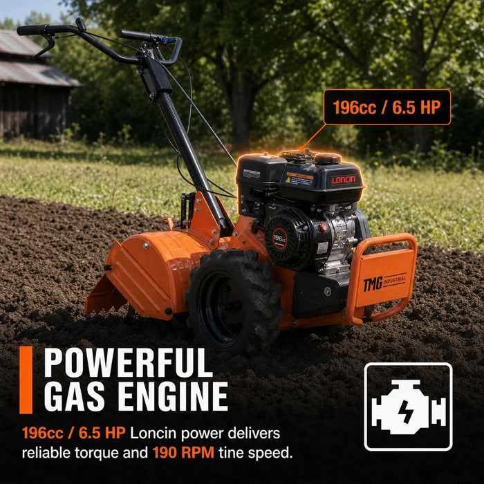 18" Self-Propelled Garden Tiller, Dual Rotation, 6.5” Tilling Depth, 196cc (6.5HP) Gas Engine, TMG-GT30