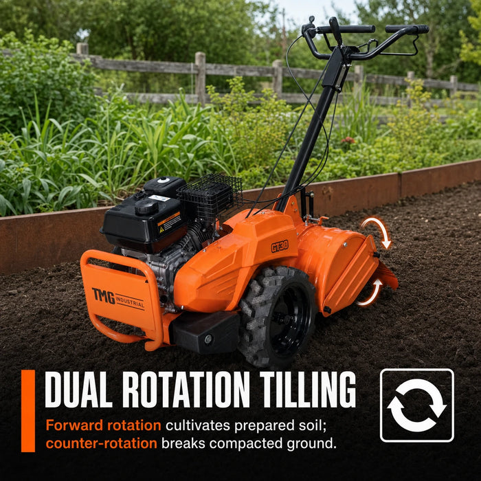 18" Self-Propelled Garden Tiller, Dual Rotation, 6.5” Tilling Depth, 196cc (6.5HP) Gas Engine, TMG-GT30