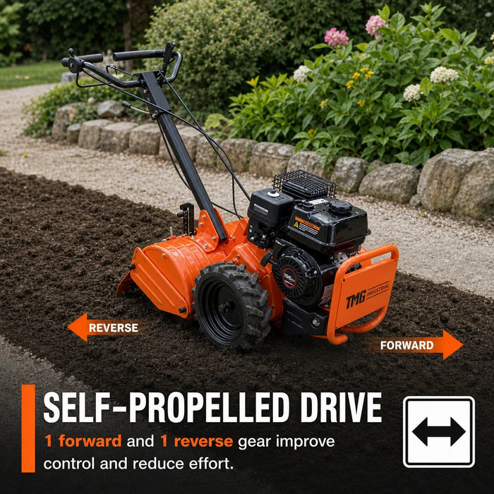 18" Self-Propelled Garden Tiller, Dual Rotation, 6.5” Tilling Depth, 196cc (6.5HP) Gas Engine, TMG-GT30