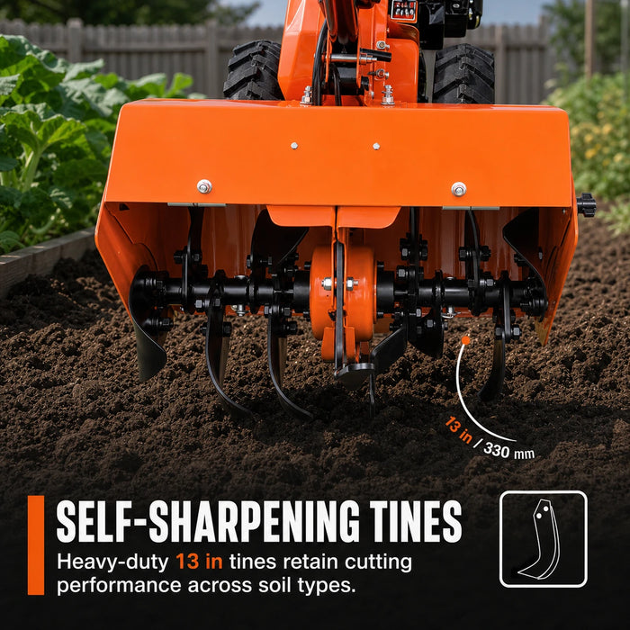 18" Self-Propelled Garden Tiller, Dual Rotation, 6.5” Tilling Depth, 196cc (6.5HP) Gas Engine, TMG-GT30