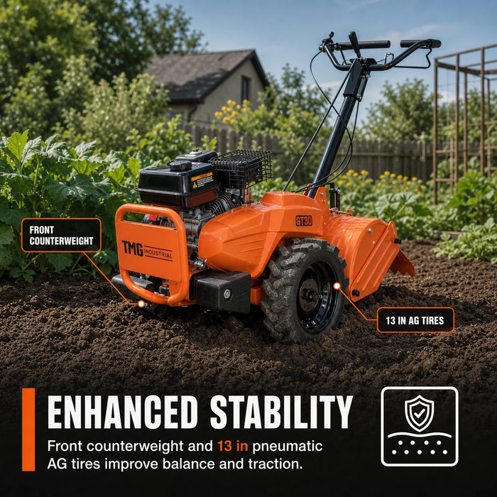 18" Self-Propelled Garden Tiller, Dual Rotation, 6.5” Tilling Depth, 196cc (6.5HP) Gas Engine, TMG-GT30