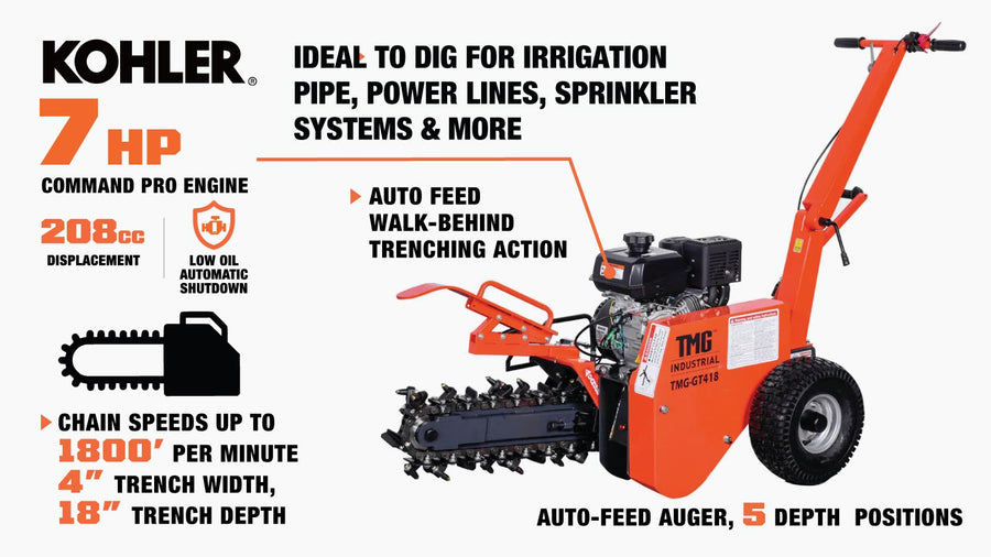 18" Kohler Powered Trenching Machine Trencher, 4" Trench Width, 18" Trench Depth, 7 HP Gasoline Engine, Auto-Feed Auger TMG-GT418 (Discontinued – No Longer Available)