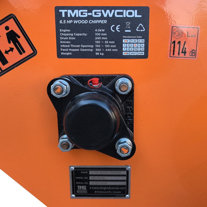 4" Wood Chipper with 6.5 HP Gas Engine, 6" Reversible Blades, 9.5" Rotor, TMG-GWC10L