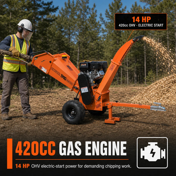 4-3/4" Wood Chipper with 14 HP Gas Engine, Electric Start, 2" Hitch Tow-Behind, TMG-GWC20L