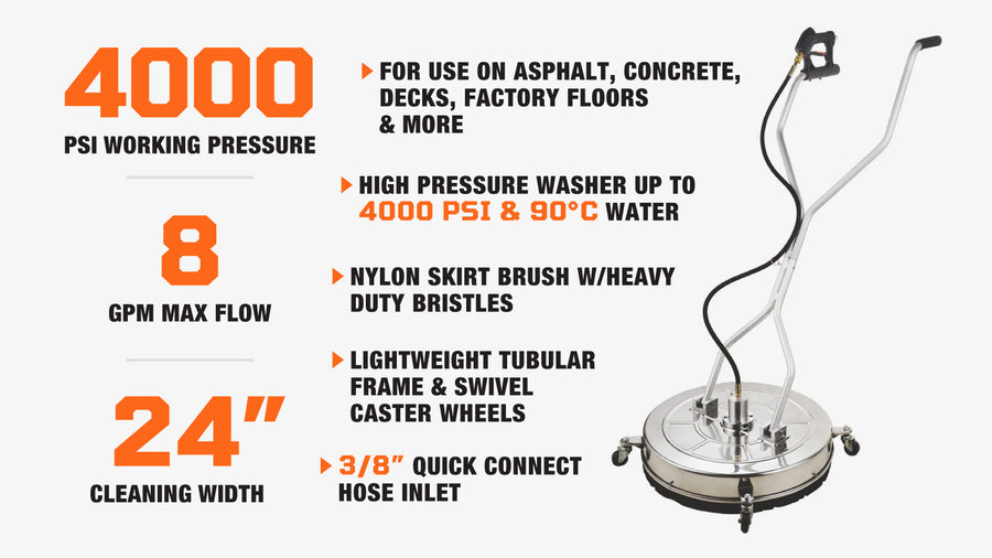 4000 PSI 24" Flat Surface Rotary Cleaner, Stainless Steel Deck, 8 GPM, Swivel Casters, TMG-GWS24