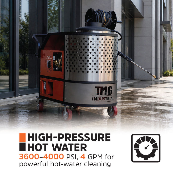 4000 PSI Hot Water Pressure Washer with 85' High-Pressure Hose Reel, 7.5 HP Electric Motor, TMG-HW42E