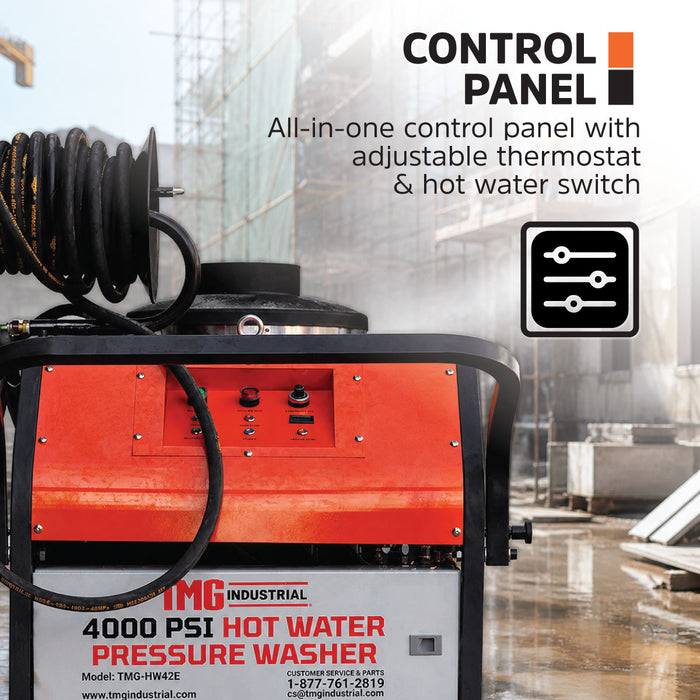 4000 PSI Hot Water Pressure Washer with 85' High-Pressure Hose Reel, 7.5 HP Electric Motor, TMG-HW42E