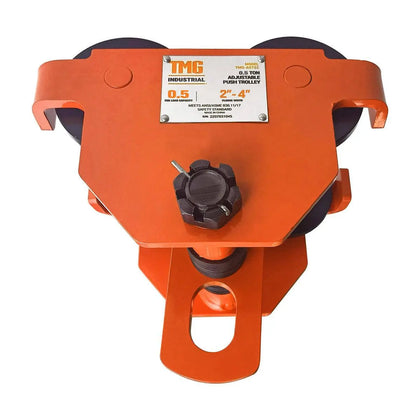 TMG Industrial Chariot poussoir réglable de 0,5 tonne, convient aux poutres en I de 2" à 4" de largeur, normes ANSI/ASME B30.11/B30.17, TMG-AGT05