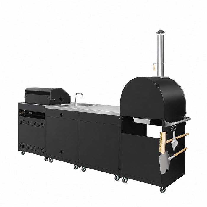 11' 4-Burner Outdoor Kitchen Island (Black), 48000 BTUs, Built-In Pizza Oven, ¾" Cordierite Pizza Stone, CSA Certified, TMG-LKS11B
