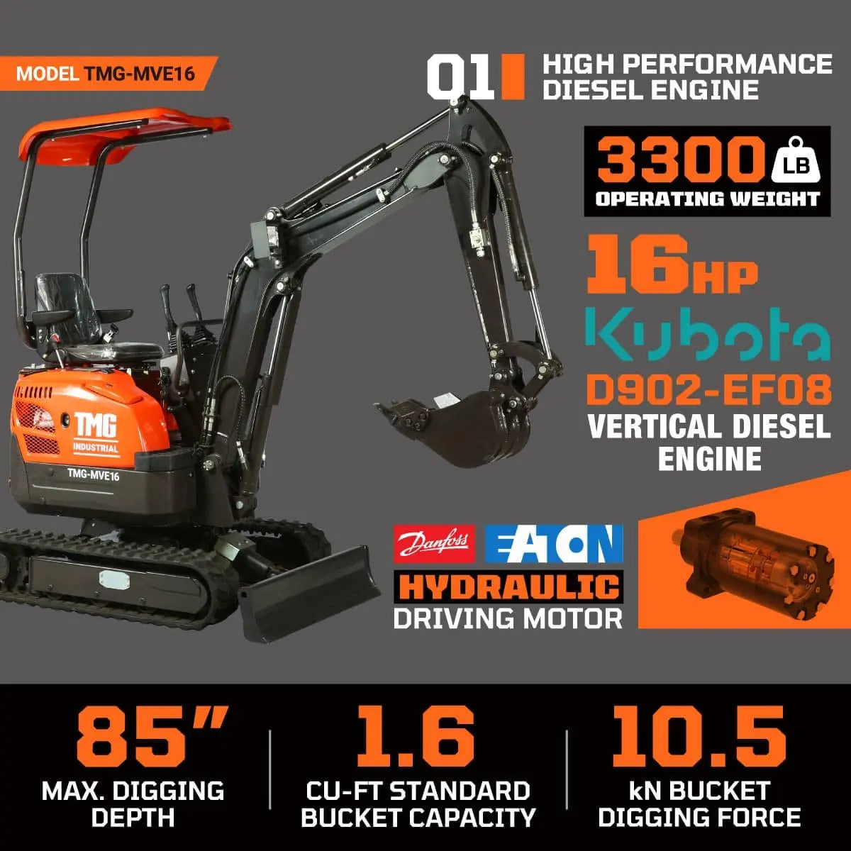 TMG 1800 KG Mini Excavator, 16 HP Kubota Diesel, 85