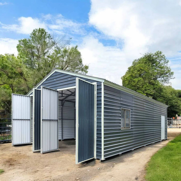 20' x 30' Metal Garage Shed Steel Building, 35 PSF Snow Load Rated, Two 8'4" Double Doors, Side Entry Door, 13' Peak Height, Engineering Drawing TMG-MSE2030-SR35