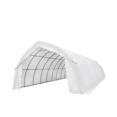 Open white shelter revealing internal frame, 20' x 40' Arch Wall Peak Ceiling Storage Shelter