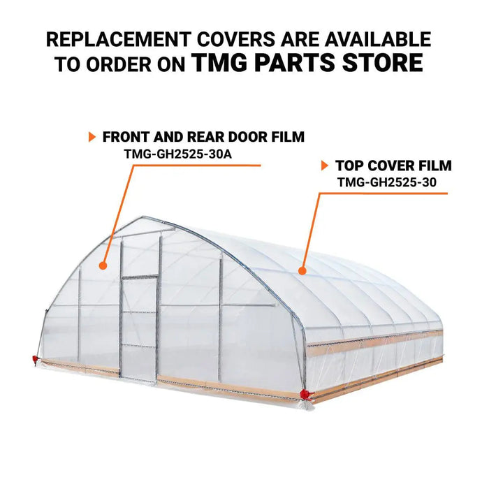 25' x 25' Tunnel Greenhouse Grow Tent w/6 Mil Clear EVA Plastic Film, Cold Frame, Hand Crank Roll-Up Sides, Peak Ceiling Roof, TMG-GH2525-V2 (Previously GH2525)