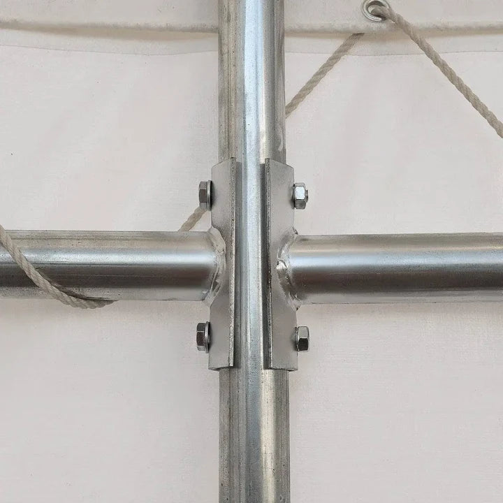 TMG-DT4022CG8 40' x 20' dual truss container shelter with heavy duty 21 oz PVC cover and fully enclosed front and back walls
