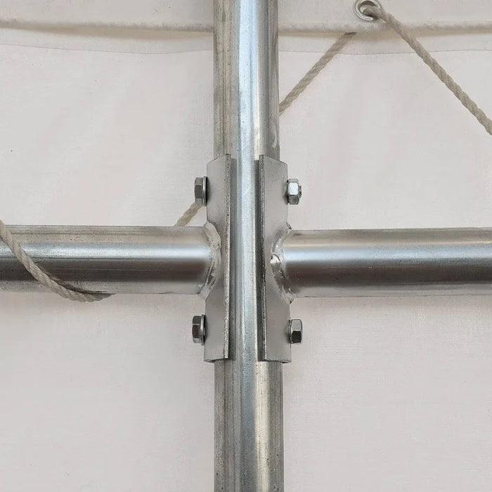 TMG-DT4022CG8 40' x 20' dual truss container shelter with heavy duty 21 oz PVC cover and fully enclosed front and back walls
