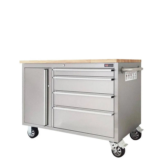 TMG Industrial 48” Stainless Steel Rolling Workbench, Rubberwood Tabletop, Lockable Drawers and Cabinet, Locking Wheels, TMG-WB4804S