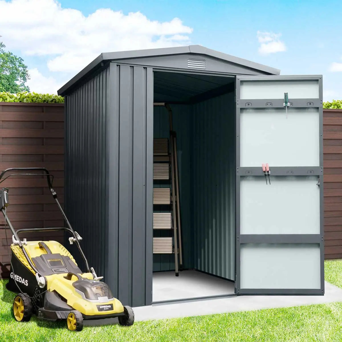 TMG Industrial 5 x 6 FT Apex Roof Metal Shed Pro Series, Galvanized corrugated metal, Apex roof design, Two air vents, TMG-MS0506