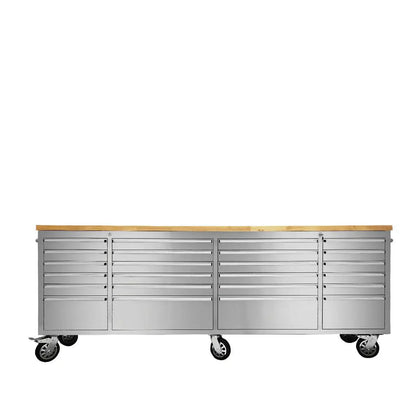 96" Stainless Steel Rolling Workbench, Rubberwood Tabletop, 24 Lockable Drawers, Locking Wheels, TMG-WB9624S