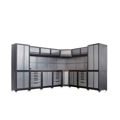 TMG Industrial Extreme-Duty Steel Garage Corner (11’ + 8.5’) Tool Chest w/Pegboard, Power Outlets, USB Port, Magnetic Motion LED Lamps, TMG-WBM15