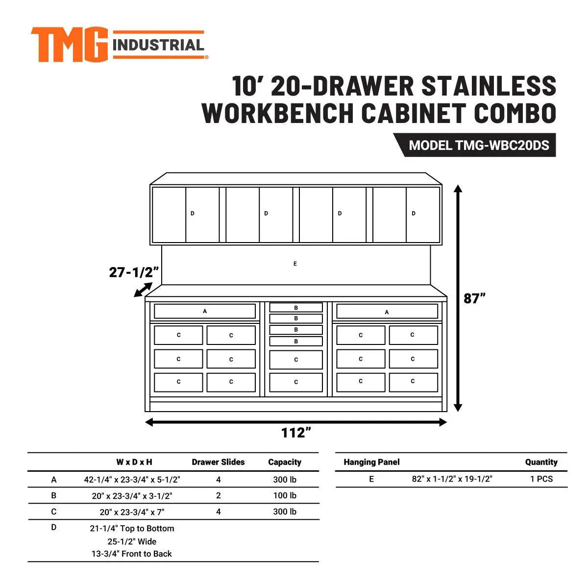 TMG Heavy Series™ 10-Ft Stainless Steel Workbench with 20 Lockable Drawers & Cabinets, TMG-WBC20DS