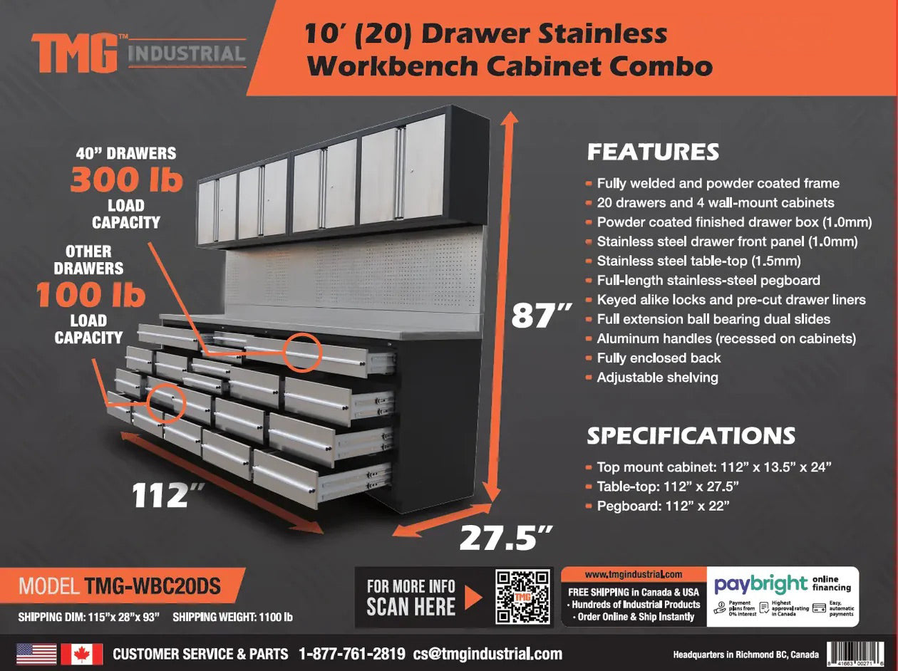 TMG Heavy Series™ 10-Ft Stainless Steel Workbench with 20 Lockable Drawers & Cabinets, TMG-WBC20DS