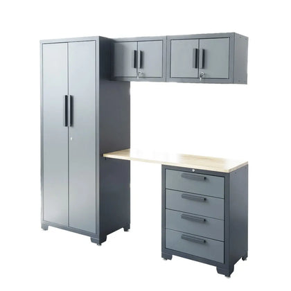 TMG Heavy Series™ 5-Piece Garage Cabinet Combo, 1 Locker + 2 Overhead Cabinets + 4-Drawer Cabinet, 3 Shelves Per Locker, TMG-GCC05 (Discontinued – No Longer Available)