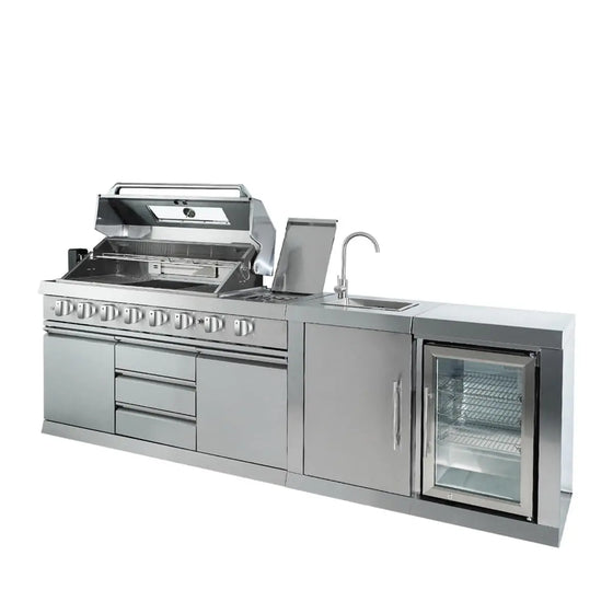 TMG Industrial Stainless Steel Outdoor Kitchen, 6 Main Burners, Rear Burner, Side Burner, Integrated Sink & Refrigerator, CSA/CE Certified, TMG-LKS08