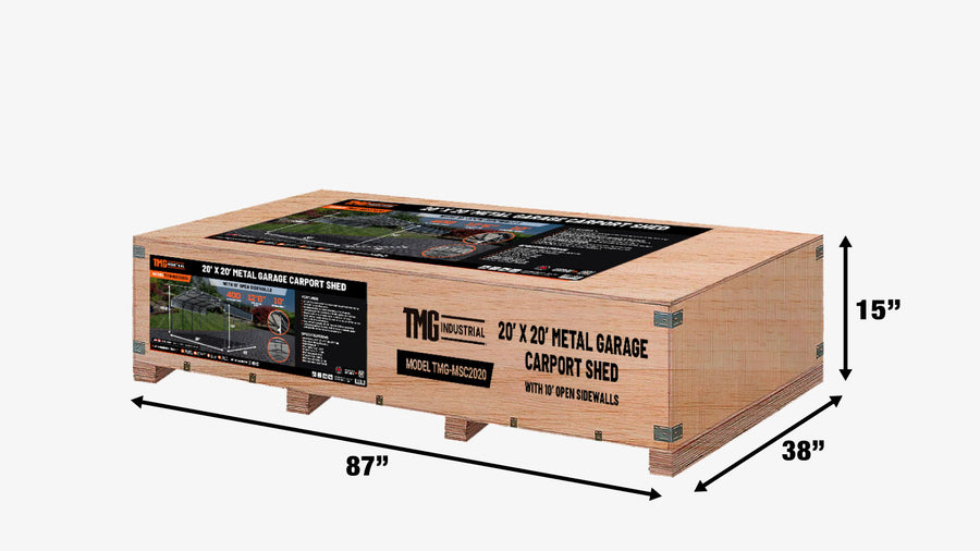 TMG Industrial Abri Carport 20' x 20' en métal, murs latéraux ouverts de 10', 400 pi2, panneaux ondulés 27 GA, TMG-MSC2020