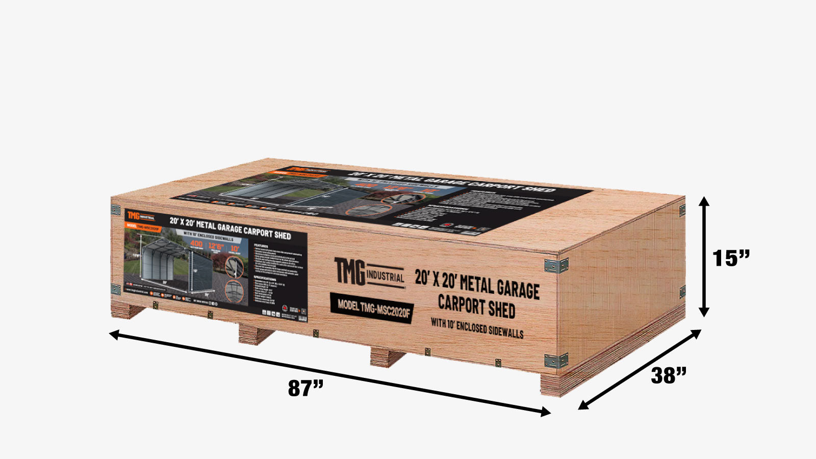 TMG Industrial 20’ x 20’ Metal Shed Carport, 10’ Enclosed Sidewalls, 400 Sq-Ft, 27 GA Corrugated Panels, TMG-MSC2020F-shipping-info-image