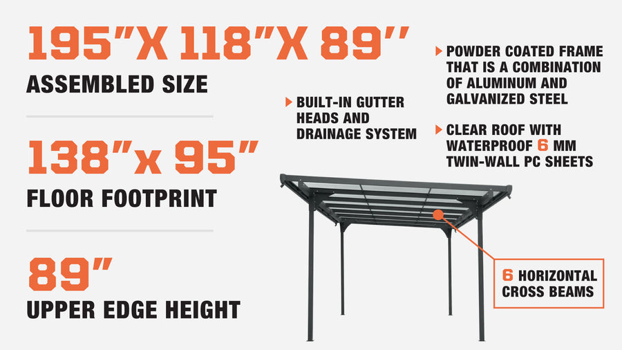 10' X 16' Aluminum Carport Structure with 6 mm Polycarbonate Clear Roof TMG-LCP16