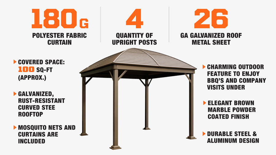 10' x 10' Hardtop Curved Steel Roof Patio Gazebo, Mosquito Nets & Curtains Included, TMG-LGZ10