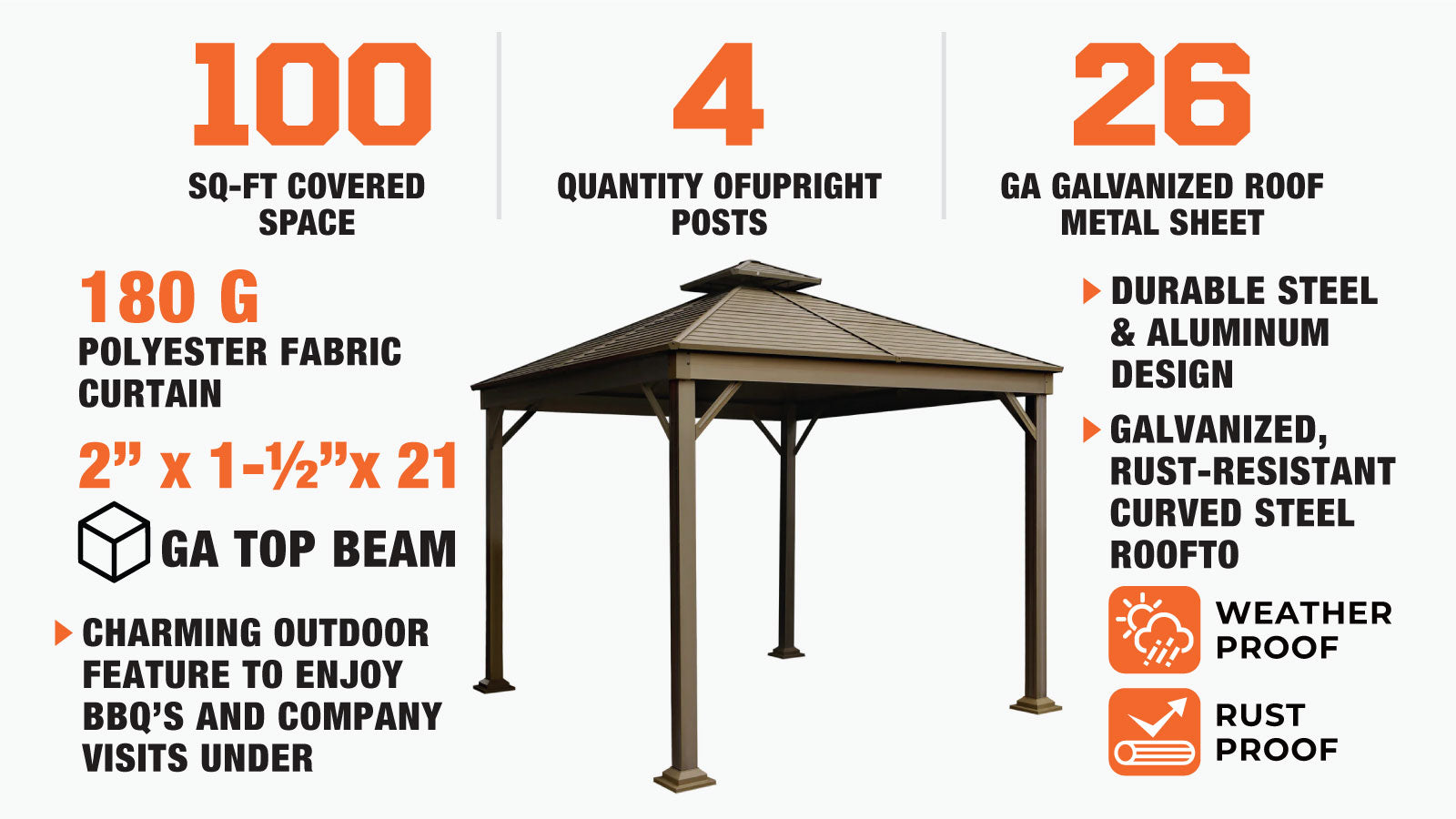 TMG Industrial 10' x 10' Hardtop, Gazebo de patio à toit en acier à deux niveaux, moustiquaires et rideaux inclus, TMG-LGZ11-description-image