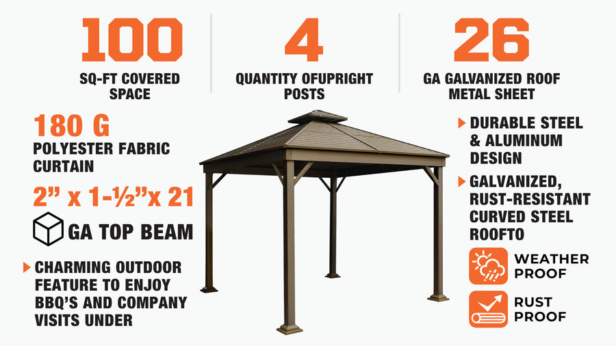 10' x 10' Hardtop, Double Tier Steel Roof Patio Gazebo, Mosquito Nets & Curtains Included, TMG-LGZ11