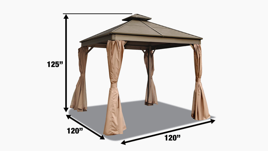 10' x 10' Hardtop, Double Tier Steel Roof Patio Gazebo, Mosquito Nets & Curtains Included, TMG-LGZ11
