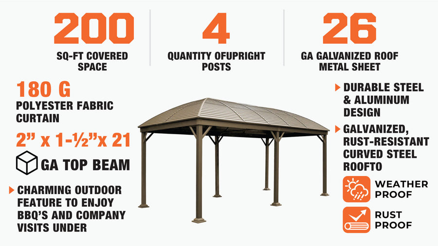 10' x 20' Hardtop Curved Steel Roof Patio Gazebo, Mosquito Nets & Curtains Included, TMG-LGZ20