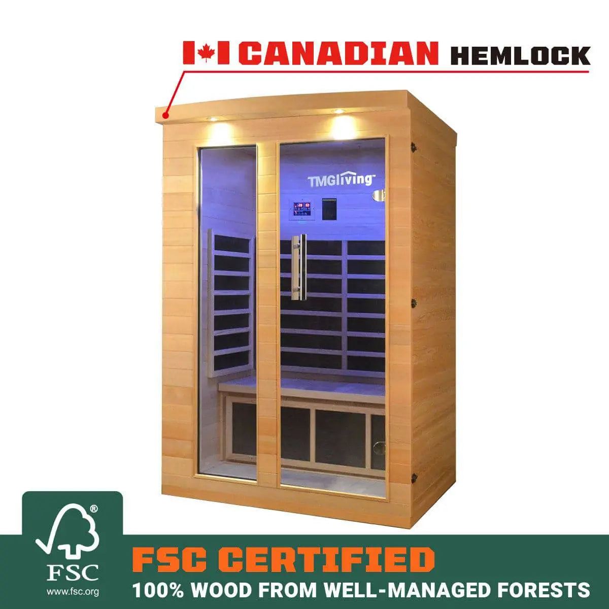 TMG LIVING 2 Person Indoor FAR Infrared Sauna Room, Natural Canadian