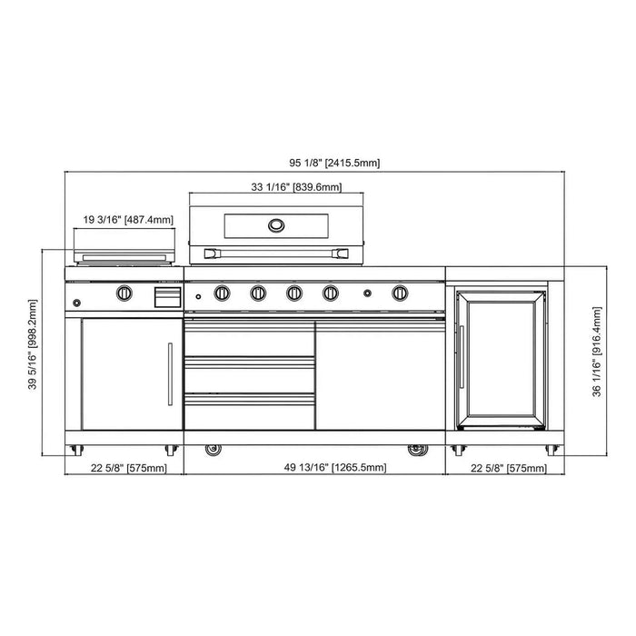 Stainless Steel 3-Piece Modular Outdoor Kitchen, BBQ Grill with 5 Main Burner and 1 Griddle Burner, Beverage Refrigerator, CSA Certified, TMG-LKS05B