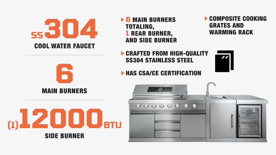 Stainless Steel Outdoor Kitchen, 6 Main Burners, Rear Burner, Side Burner, Integrated Sink & Refrigerator, CSA/CE Certified, TMG-LKS08